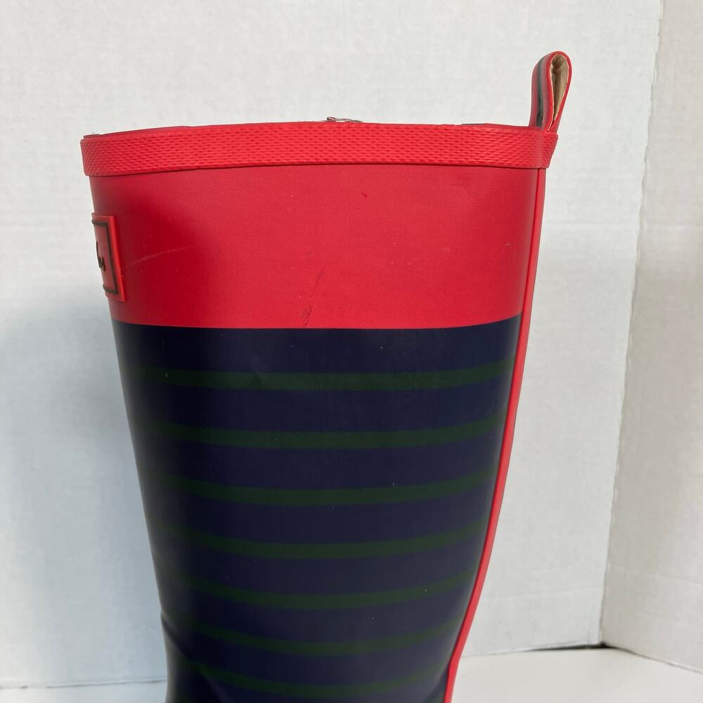 Joules Sz 7 Tall Welly Print Rain Boots Navy & Green Stripe Gold Buckle - Picture 12 of 16